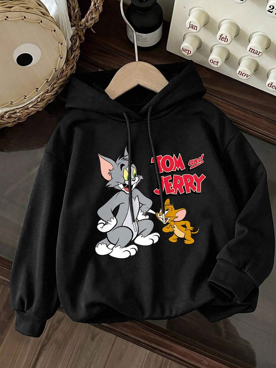 TOM & JERRY X SHEIN SHEIN EZwear 女款卡通圖案休閒日常運動衫 - 黑色 - 查看 1