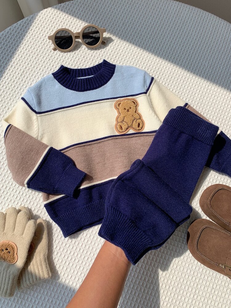Baby Boy Striped Colorblock Crew Neck Pullover Knit Sweater And Solid Color Long Autumn Pants Set - Multicolor - View 5