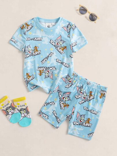 TOM & JERRY X SHEIN Young Boy Cartoon Print Short Sleeve Top And Fitted Shorts Loungewear Set