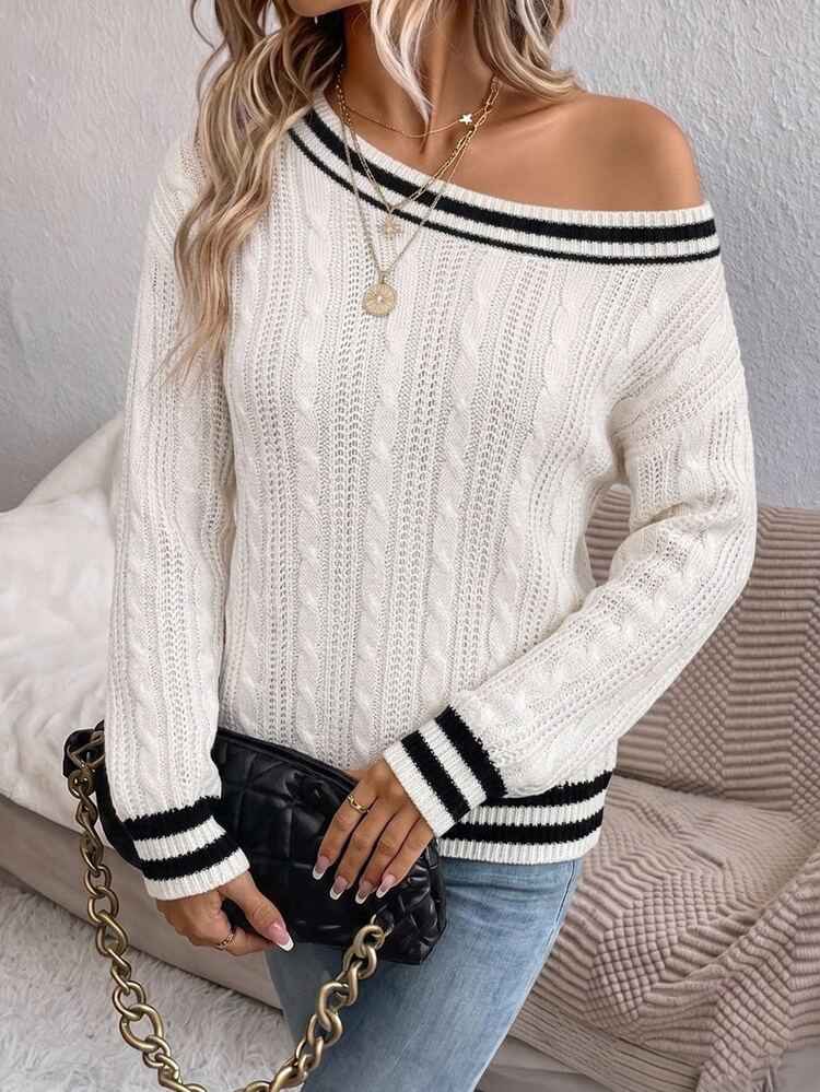 SHEIN LUNE Casual Minimalist Colorblock Cable Knit Off-Shoulder Sweater For Women, Suitable For Autumn/Winter - Multicolor - View 3
