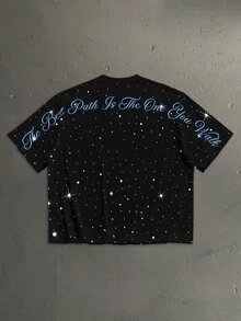 StoneGrade 仿水鑽亮面星空美式復古彎曲字體排版時尚全印花男士黑色大尺碼落肩寬鬆短袖T恤 - 黑色 - 查看 1