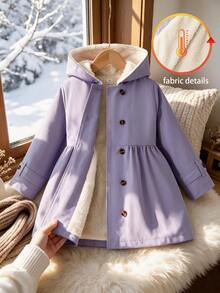 SHEIN Elladie kids 女童冬季外套，淺紫色，保暖內裡，連帽，雙排扣，時尚夾克，適合日常休閒可愛穿搭 - 紫色 - 查看 4
