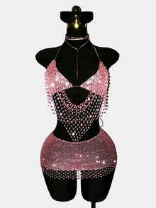 SHEIN DivaQ 女款 2 件組派對套裝，音樂節穿搭，魚網布鑲鑽裝飾，亮麗閃耀，適合度假派對穿著 - 淺粉色 - 查看 3