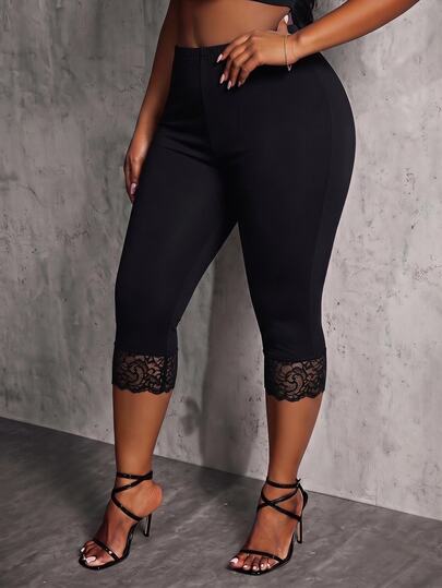 SHEIN SXY Plus Size Women's Lace Patchwork Fashion Casual 7/8 Length Leggings