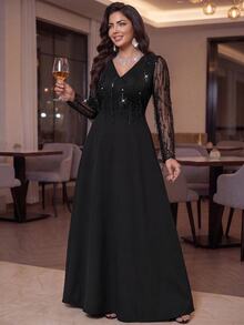 Auveirra Plus Size Women Mesh Patchwork V-Neck Casual Party Dress - Black - View 5
