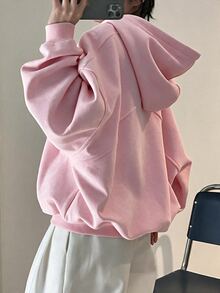 INAWLY 女款純色抽繩休閒日常旅行拉鍊連帽長袖運動衫 - 粉色 - 查看 2