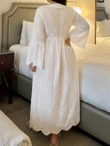 Dazy Plus Elegant Tie V-Neck Flared Sleeve Long White Loungewear Robe - White - View 6
