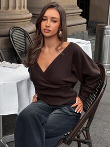 Aloruh Dark Brown Autumn Winter Minimalist Sexy Inner Outer Wear Young Spicy Girl Deep V-Neck Batwing Sleeve Cropped Sweater Loose Top Brunch Going Out - Brown - View 7