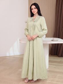 Yasmyna Women's Faux Pearl Decorated Pleated Arabian Dress - Green - View 5