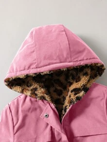 Elladie kids 少女款豹紋連帽冬季外套，粉色保暖連帽派克大衣，適合各種日常場合與休閒穿著 - 粉色 - 查看 7