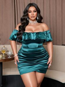 NU&NOW Plus Size Sexy Elegant Ruffle Ruffle Dress Cocktail Formal Party Teal Summer Summer - Dark Green - View 5