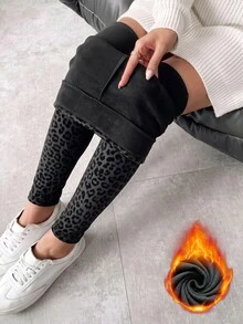 Louniche 女款秋冬仿蕾絲壓紋刷毛時尚日常百搭長款內搭褲 - 黑色 - 查看 4