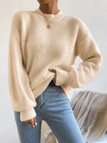 SHEIN 女款極簡優雅杏色圓領針織燈籠袖套頭衫，適合日常購物、休閒、度假、旅行、約會 - 杏色 - 查看 3
