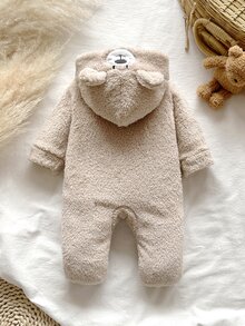SHEIN Vintaside Kids 新生兒冬季可愛連帽連身衣，附毛絨熊耳朵，柔軟泰迪熊風加厚抓絨連身褲，男女通用秋季爬行服 - 棕色 - 查看 2