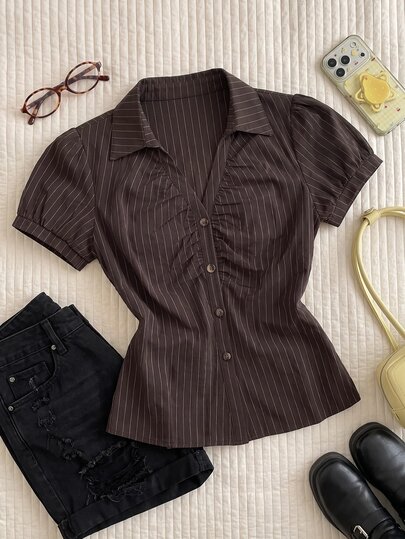 Comfortcana Plus Size Women's Striped Slim Fit Versatile Casual Short Sleeve Shirt