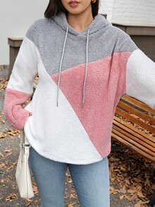 Easowa Curve Plus Size Casual Colorblock Patchwork Hooded Sweatshirt, Autumn/Winter - Multicolor - View 5
