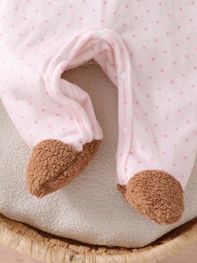 SHEIN Playful Pals Newborn Comfortable Soft Plush Pink Polka Dot Teddy Bear Applique Embroidery 3D Bow Decor Round Neck Fleece Footed Jumpsuit With Hat Autumn Winter - Baby Pink - View 8