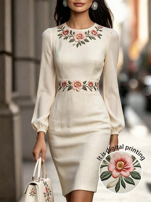SHEIN Damen elegantes Blumenmuster Rundhals Laternen-Ärmel Langarm figurbetont Vintage Puff-Schulter schmal hohe Taille kurzes Kleid für Herbst Winter Alltag Party Tragen