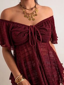 Freevana Plus Size Women's Vacation Ruched Tie Off Shoulder Top - Burgundy - View 5