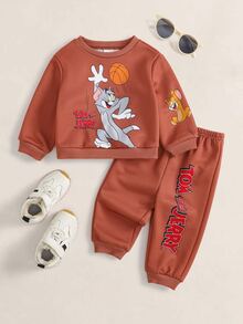 TOM & JERRY X SHEIN Set Baju Sweatshirt dan Celana Panjang Motif Kartun untuk Bayi Laki-laki - Coklat - View 1