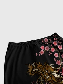 ROMWE Avant Dragon New Chinese Style Dark Punk Pattern Print Sexy High Slit Plus Size Skirt - Black - View 4