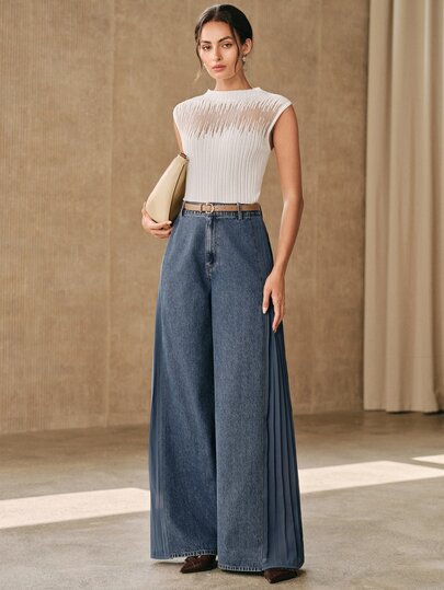 Anewsta Women's Colorblock Patchwork Drapey Wide Leg Denim Jeans, Spring/Summer