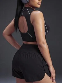 Powerista Women's Plus Size Seamless Black & White Zipper Back Open Back Stand Collar Sports Bra - Black - View 2
