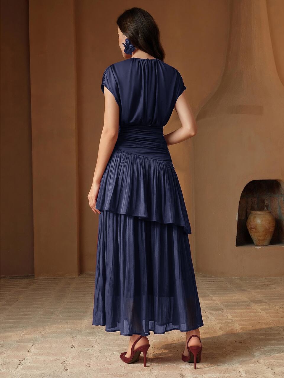 Anewsta Women's New Autumn/Winter Navy Blue Elegant Batwing Sleeve Cinched Waist Asymmetrical Ruffle Double Layer Full Skirt Dress For Vacation, Party, Gathering And Daily Wear