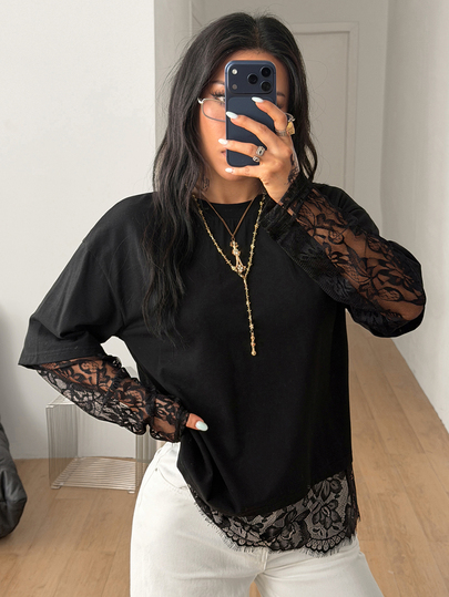Coolane Women's Fall/Winter Streetwear Casual Y2k Daily Wear Vintage Elegant Cotton Contrast Lace Black Loose Long Sleeve T-Shirt