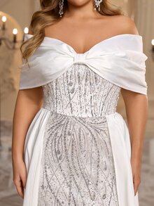Glamrae Plus Size Elegant Romantic Glamorous Beaded Embroidered Patchwork Wedding Dress Satin Off-Shoulder Butterfly Plus Size Sleeves Fitted Mermaid Hem With Train - White - View 2