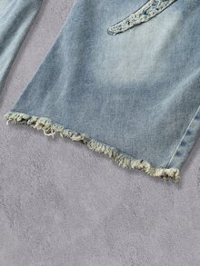 青少年男孩四季通用個性化毛邊高街刺繡水洗軟牛仔寬鬆彎腿休閒長褲 淺藍色 秋季 生日禮物 - 淺色水洗藍 - 查看 5