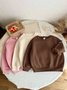 SHEIN LMoss Kids 女童 3 件組 針織純色圓領寬鬆休閒秋冬衛衣套裝 - 彩色 - 查看 5