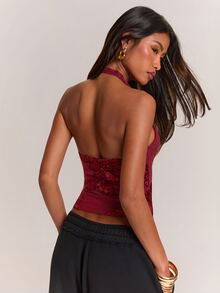 SHEIN BAE Women's Jacquard Slim Fit Versatile Daily Wear Halter Neck Top - Burgundy - View 2