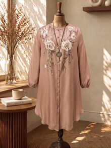 Rusticease Plus Size Autumn Casual Floral Print Front Button Dress Fall - Brown - View 4