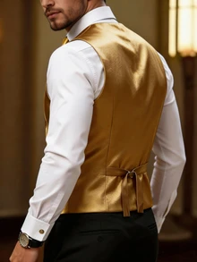 Manfinity AFTRDRK Men's Luxurious Party Gold Single-Breasted Suit Vest, The Perfect Gift For Holidays - Gold - View 2