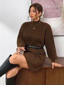 SHEIN Frenchy Plus Size Casual Solid Color Knit Dress, Autumn/Winter - Brown - View 2