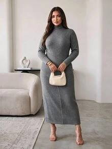 Hourglow Plus Size Waist Defined Knit Midi Dress, High Neck Ribbed Waist Bodycon Sweater Dress - Grey - View 6