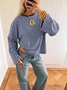 SHEIN EZwear 海外長袖海軍藍與淺藍條紋襯衫，秋季上衣，適合日常通勤、聚會、秋冬春夏、聖誕節、新年、感恩節、派對、婚禮、海灘、畢業典禮、優雅、外出、約會、通勤、情人節、優雅、度假、Y2K、畢業典禮等場合 - 彩色 - 查看 3