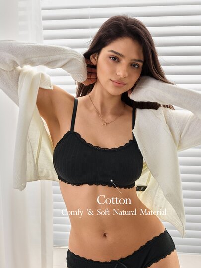 Ocili 1pc Pure Cotton Floral Lace Trim Wire-Free Non-Padded Bra