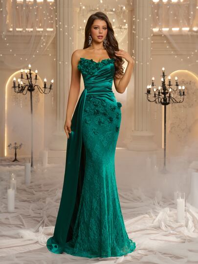 Glamrae Elegant Luxurious Emerald Green 3D Floral Sexy Strapless Elastic Satin Contrast Lace Mermaid Dress Suitable For Wedding Events, Bachelorette Party, Cocktail Party, Vacation, Dance, Evening Gala (Heavy Workmanship Style)