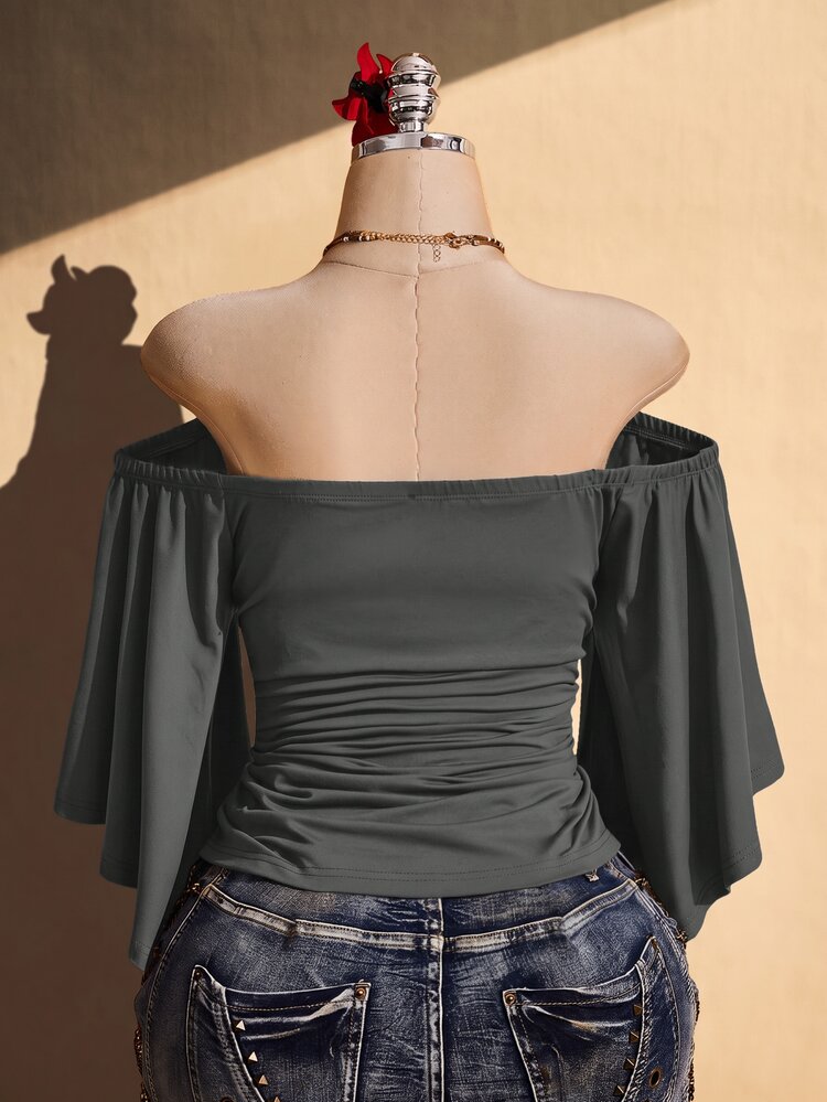 SHEIN ICON Women's Plus Size Off-Shoulder Solid Color Ruched Waist Top - Grey - View 2