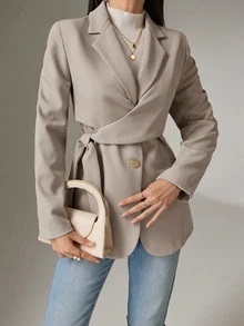 Heiryn Women's Solid Color Lapel NeckSide Waist Tie Casual Blazer - Khaki - View 1