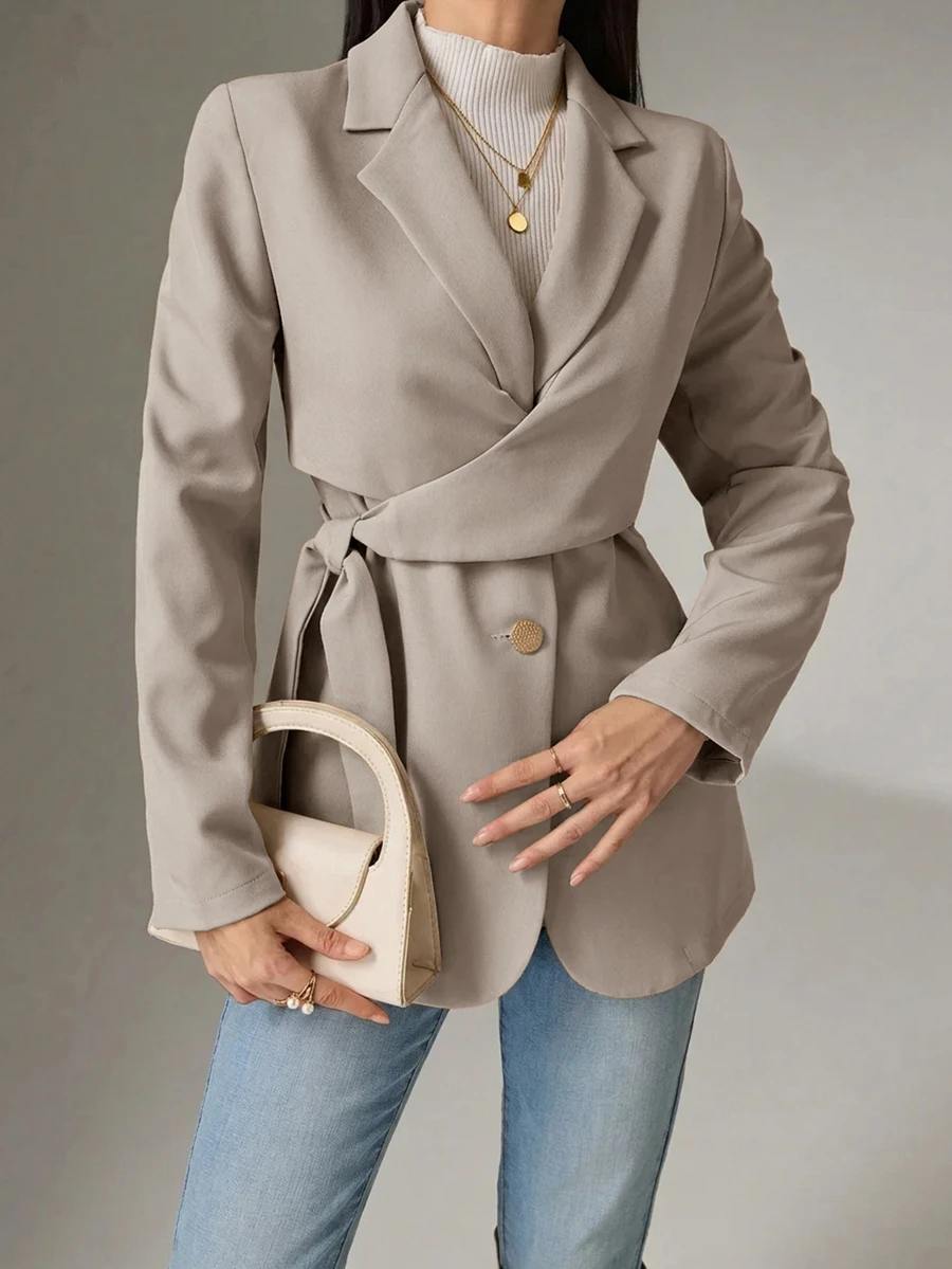 Heiryn Women's Solid Color Lapel NeckSide Waist Tie Casual Blazer - Khaki - View 1