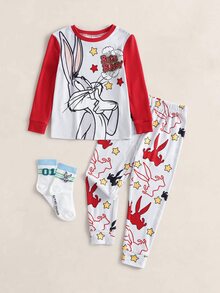 LOONEY TUNES X SHEIN Young Boy Cartoon Print Fitted Loungewear Set - Grey - View 1