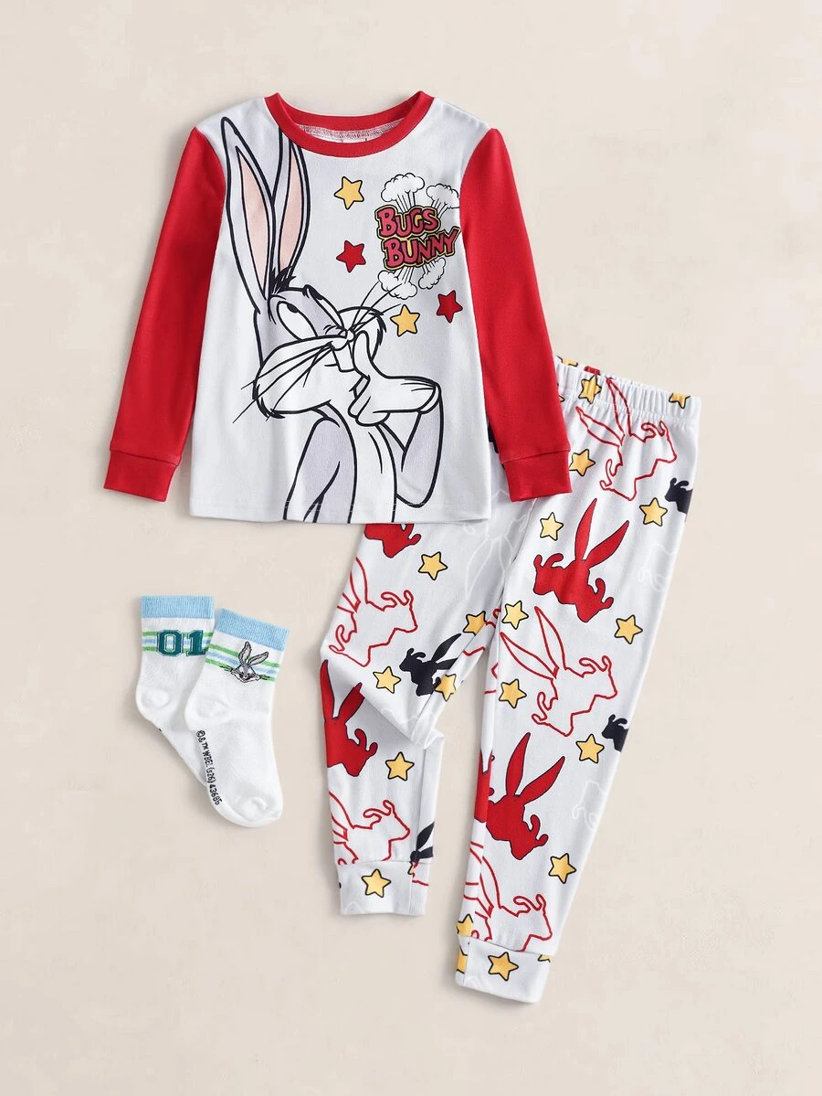 LOONEY TUNES X SHEIN Young Boy Cartoon Print Fitted Loungewear Set - Grey - View 1