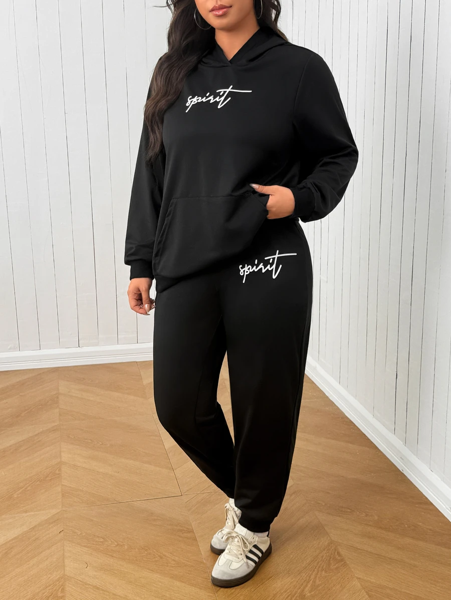 SHEIN EZwear Plus Size Letter Print Hoodie & Sweatpants Set - Black - View 1