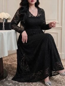 Vibekara Gaun Pesta Elegan Ukuran Besar Lengan Panjang Berenda untuk Musim Gugur - Hitam - View 5
