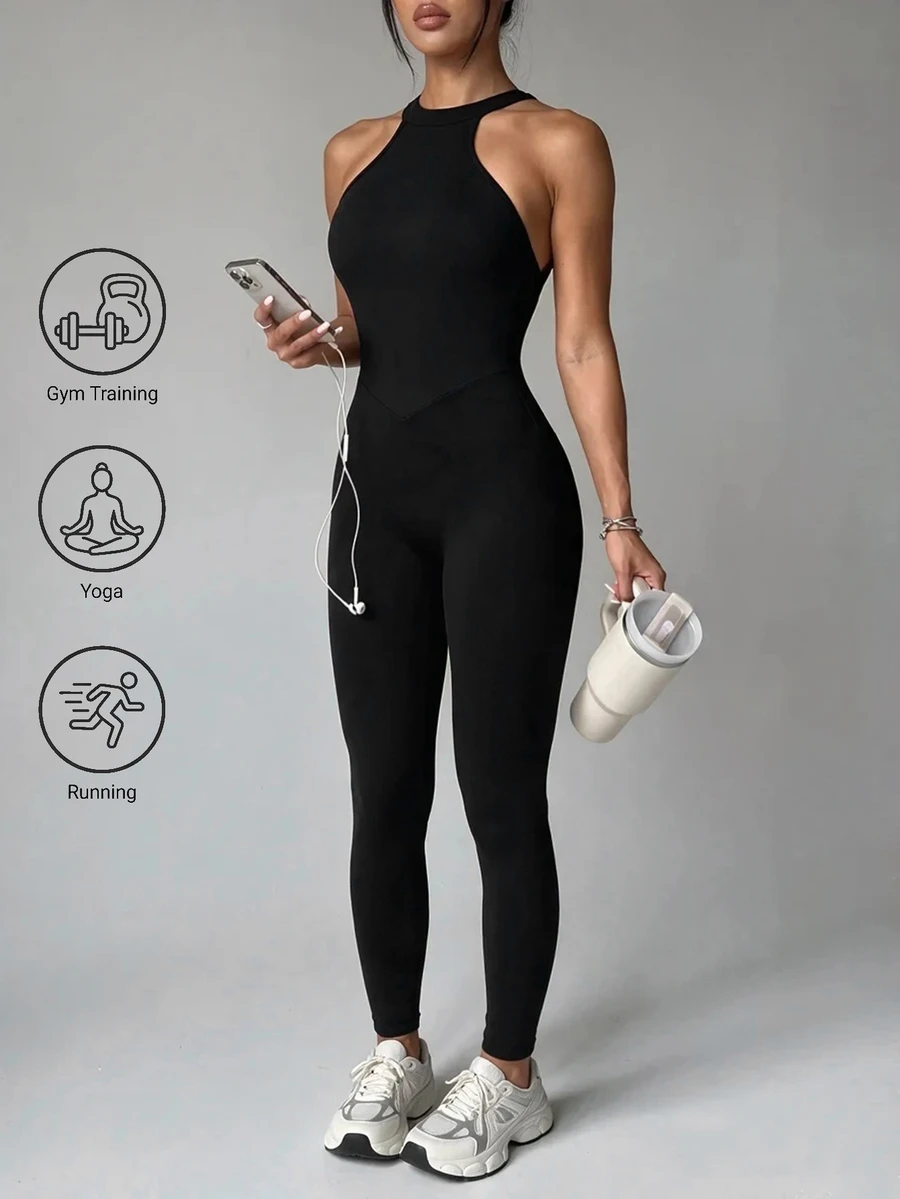 SHEIN Dewbera Solid Color Backless Halter Neck Fitted Sports Jumpsuit - Black - View 1