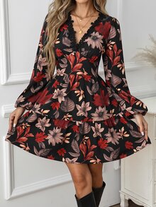 SHEIN Clasi Gaun Midi Kasual Wanita Motif Bunga & Daun Maple, Musim Gugur - Hitam - View 1