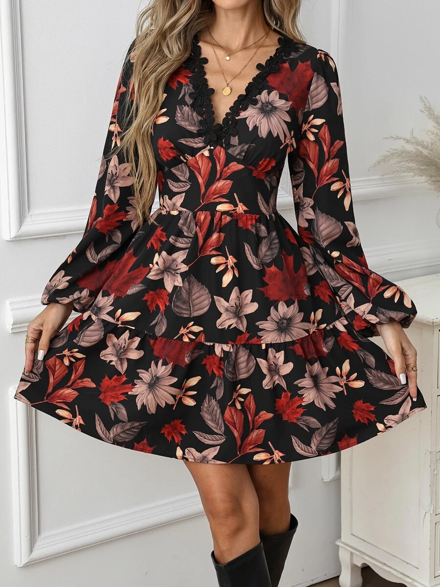 SHEIN Clasi Gaun Midi Kasual Wanita Motif Bunga & Daun Maple, Musim Gugur - Hitam - View 1